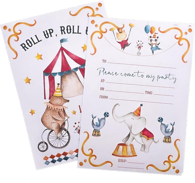 Children's Circus Party Invitations - 12 Pack with Envelopes