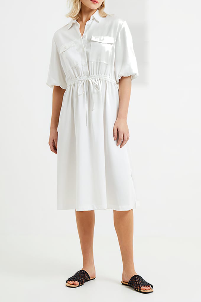 French Connection Elkie Twill Drawstring Dress Linen White Maat: S | Blousejurken Outlet | Dames | Wit