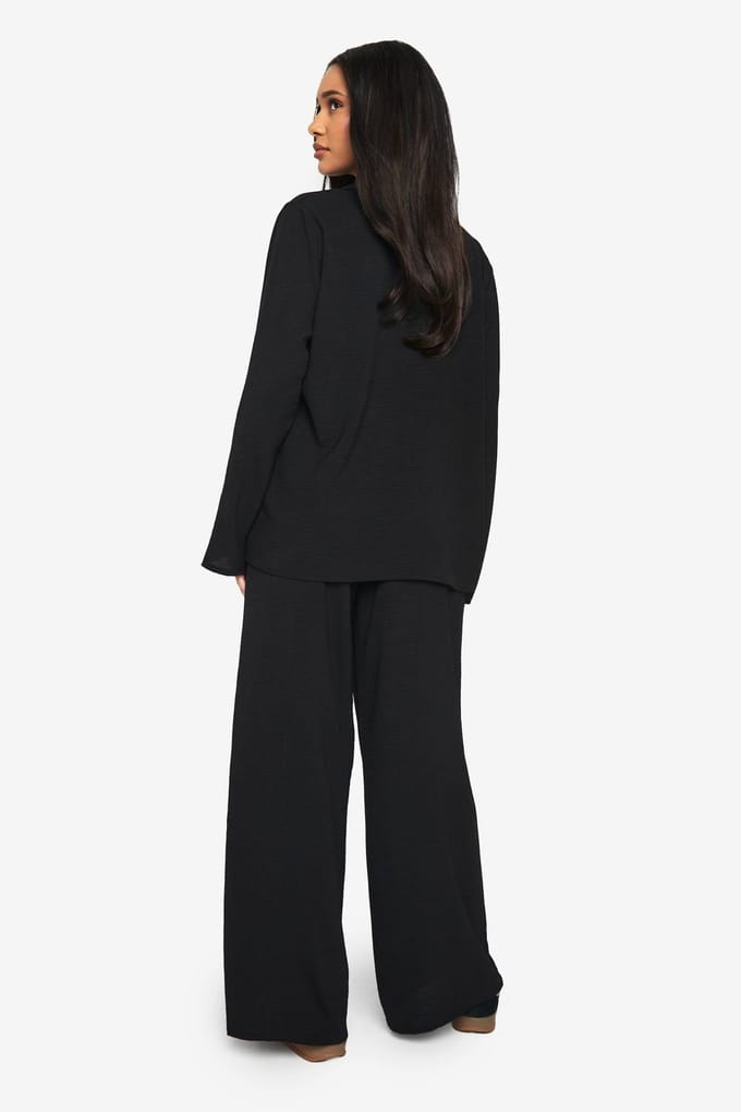 boohoo Dames Geweven Oversized Shirt & Trekknoop Broek Co-ord | Black | Maat: 6