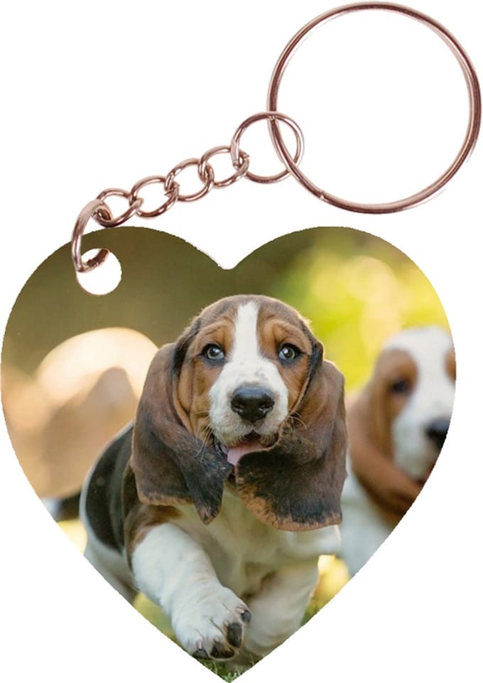 Sleutelhanger hartje 5x5cm - Basset Hounds Lopend