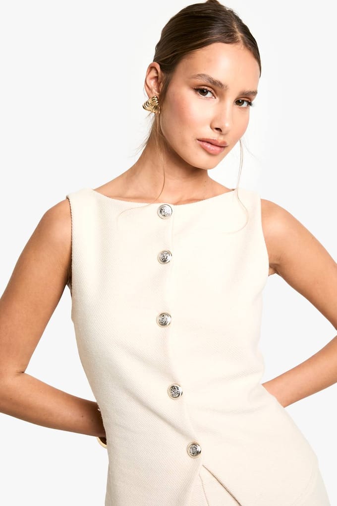 boohoo Dames Textured Button Through Waistcoat | Creme | Maat: 42