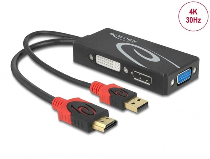 Delock 62959 HDMI / USB / DVI / VGA Adapter [1x HDMI-stekker, USB-A-stekker - 1x HDMI-bus, DVI-bus 24+5-polig, D-sub bus 15-polig] Zwart, Rood 0.14 m