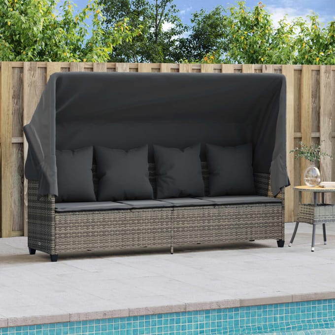 vidaXL - Ligbed - met - luifel - en - kussens - poly - rattan grijs