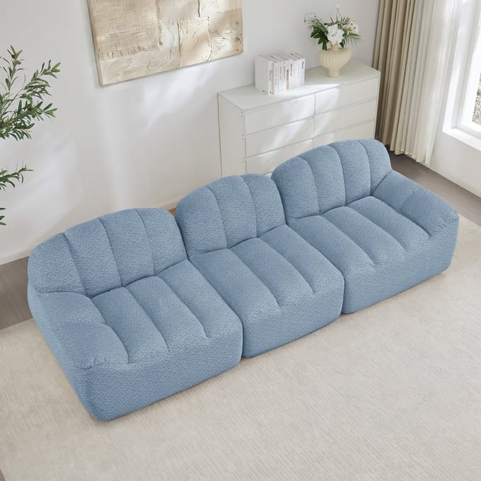 3-Zits Modulaire Lounge Bank - Teddy Stoffen Sofa Met Diepe Zit - Blauw - Frameloos