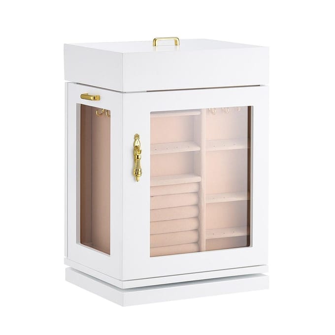 Juwelendoos 360° Roterende Sieraden Organizer met 4 Halsketting Haken Wit
