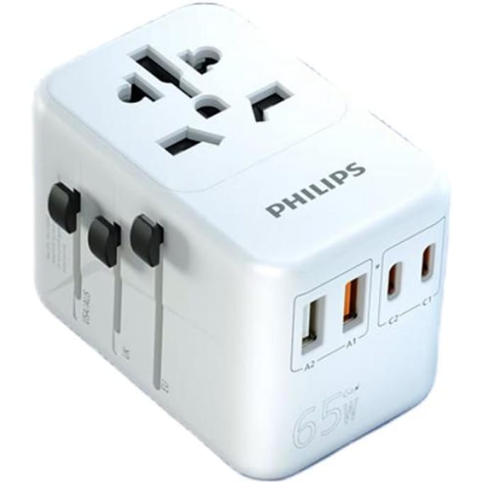 Philips 65W GaN Wereldwijde Reisadapter Meerdere poorten Uitgangsvermogen tot 70W