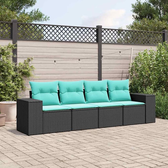 vidaXL - 4-delige - tuinbankset - met - kussens, - zwart - polyrotan