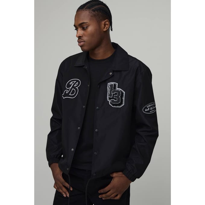 Varsity Badge Collared Coach Jacket | Black | Size XS