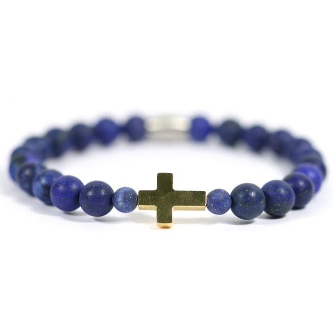 IbizaMen - Heren - armband - Lapis Lazuli - Goud - RVS - kruis - 21cm