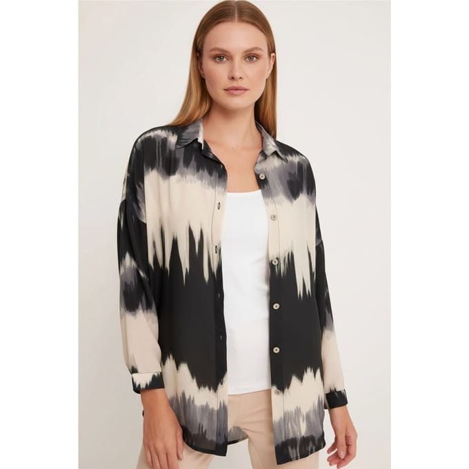 Overmaatse Abstracte Geweven Langarmshirt met Knopsluiting