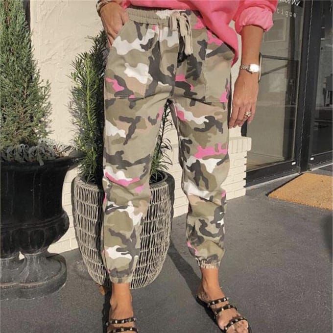 Femmes décontracté taille moyenne Camouflage été poche ample Long pantalon droit XL gris