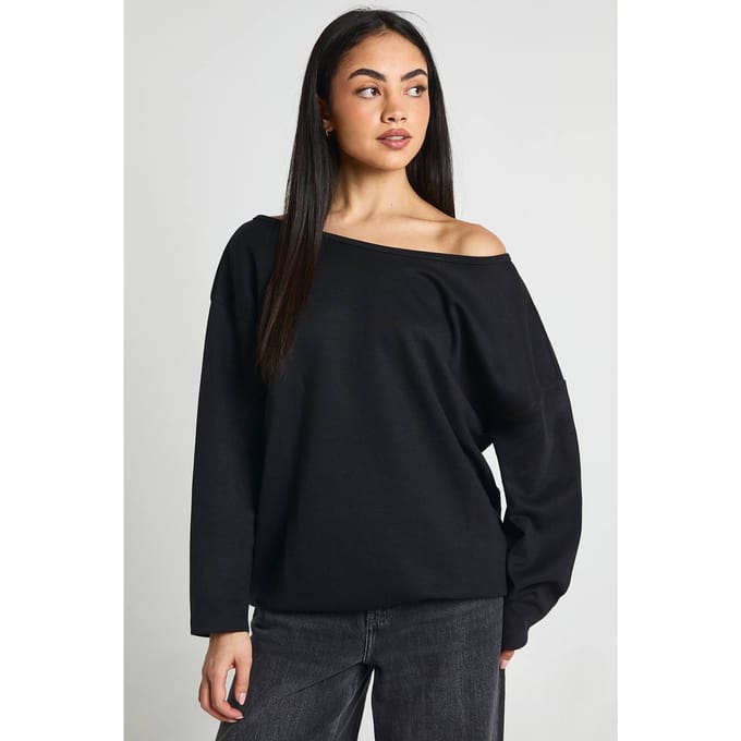 boohoo Dames Lang Interlock Off-shoulder Sweatshirt | Black | Maat: Small