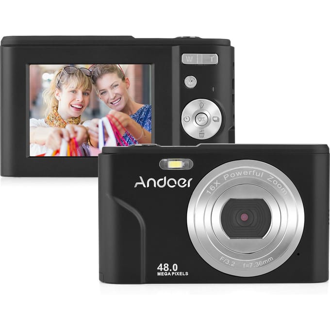 Appareil photo numérique portable Andoer 48MP 1080P Écran IPS 2,4 pouces Zoom 16X Mise au point automatique Retardateur Visage noir