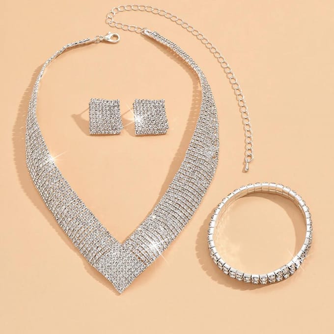 Boucles d'oreilles en plaqué argent avec strass pour femme, collier, bracelet, élastique, robe, accessoires de mariée blanc
