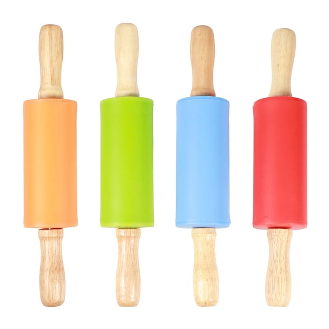 4 STUKS Mini Deegroller Houten Handvat Anti-aanbak Siliconen Deegrollers voor Thuiskeuken Kinderen yellow
