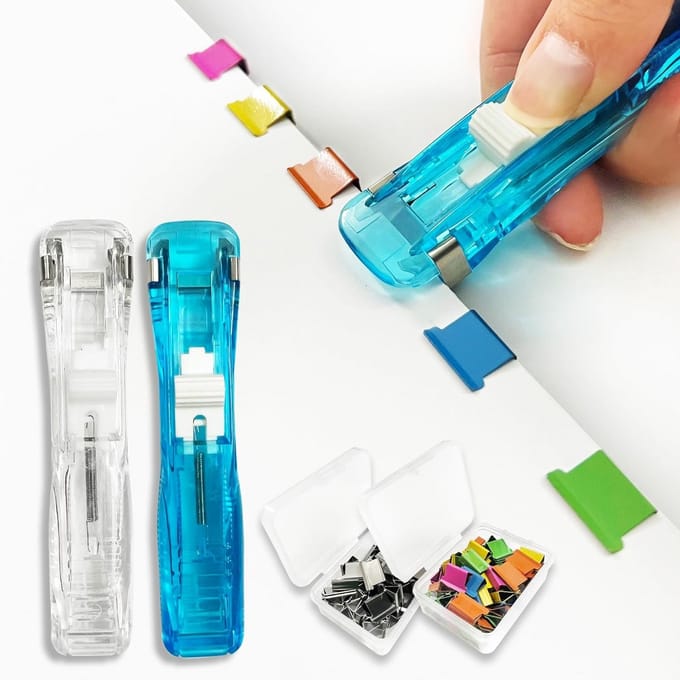 Clam Clip Dispenser - Papier Clip Dispenser - Documenten Binden - Herbruikbare Clips - 2 stuks - Blauw en wit