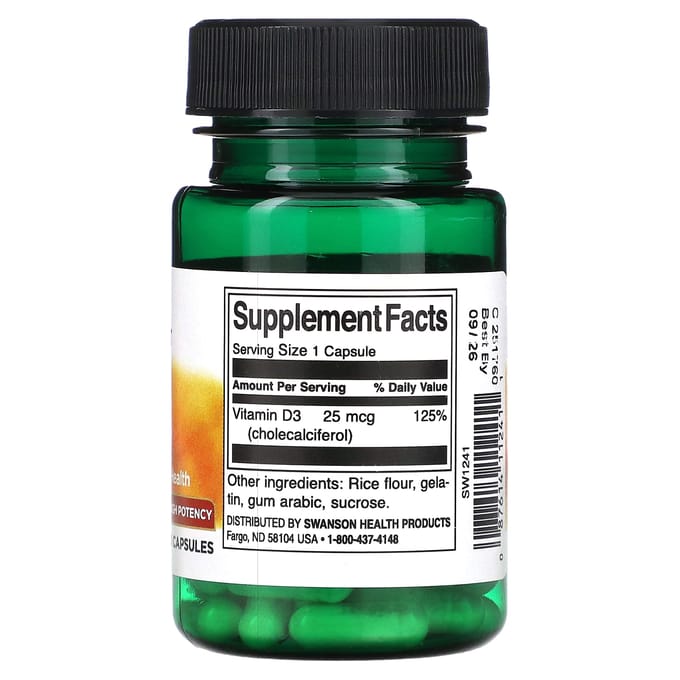 Vitamine D3, Hoge Potentie, 25 mcg (1.000 IE), 30 capsules