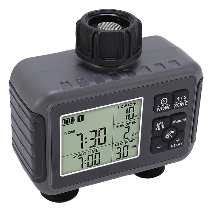 Automatische Besproeiingstimer LCD-scherm 3/4-1/2 Inch Kraan 2-Zones Bewateringstimer voor Buitentuin gray