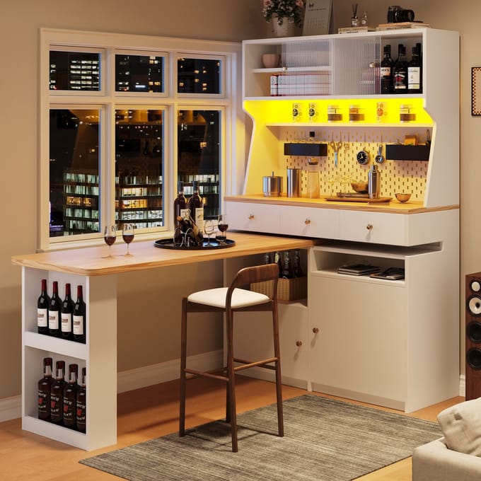 Sweiko Keukenkast - LED-verlichting - 3 lades - Uitschuifbaar tafelblad - Dressoir - Hoekbureau - Wit
