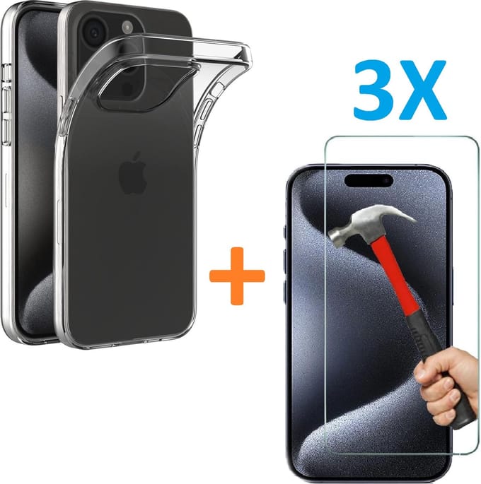 Soft TPU Transparant hoesje Silicone Case + 3 stuks Glas Screenprotector - Geschikt voor: iPhone 15 Pro Max