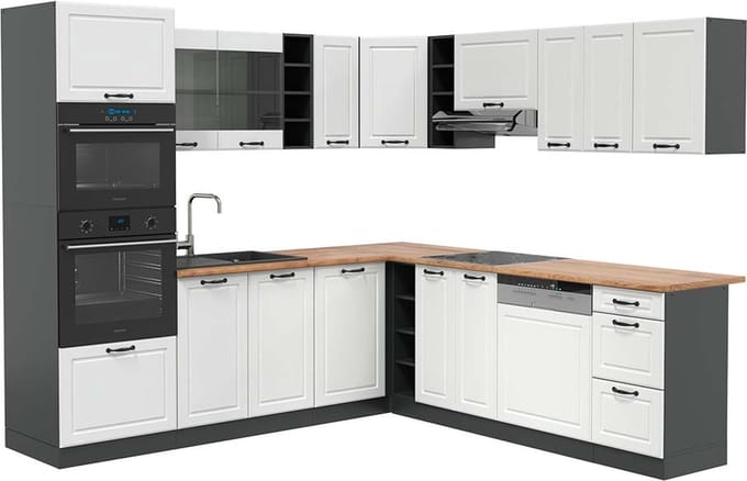 Vicco Hoekkeuken R-Line, Wit Landhuis/Antraciet, 247 x 237 cm, WB Eik