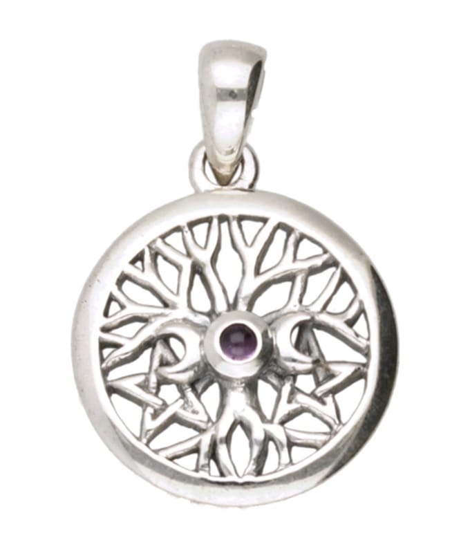 Zilveren Levensboom met 3 manen en amethyst kettinghanger
