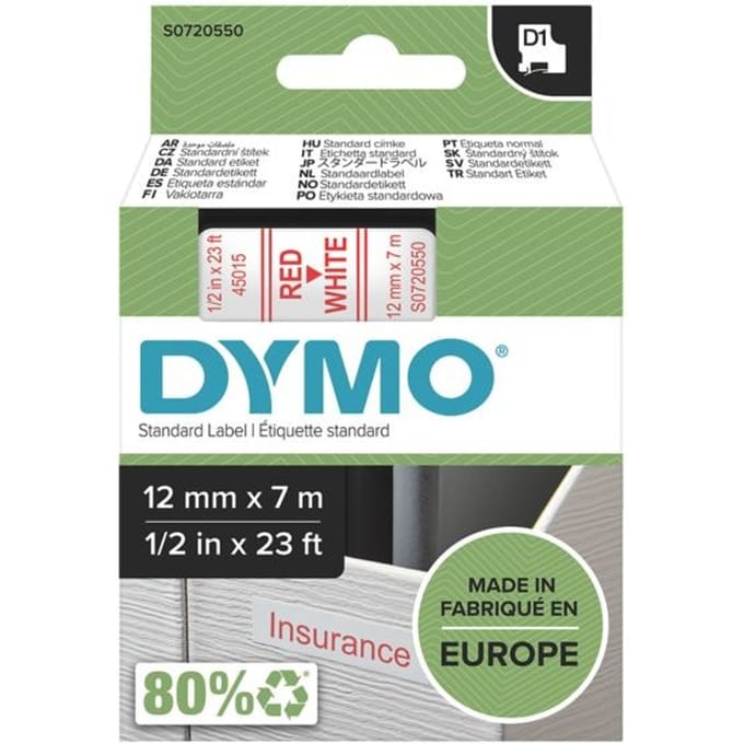 DYMO 45015 Labeltape Polyester Tapekleur: Wit Tekstkleur: Rood 12 mm 7 m