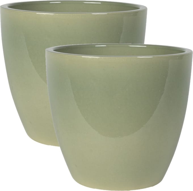 Ter Steege Bloempot - 2x stuks - groen - Scandinavische look - glanzend - keramiek - 20 x 19 cm
