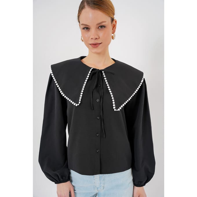 Popeline Babykraag Shirt met Strik
