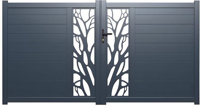 Vente-unique Halfopengewerkte aluminium draaipoort elektrisch B300 x H179 cm antraciet LABRIT II