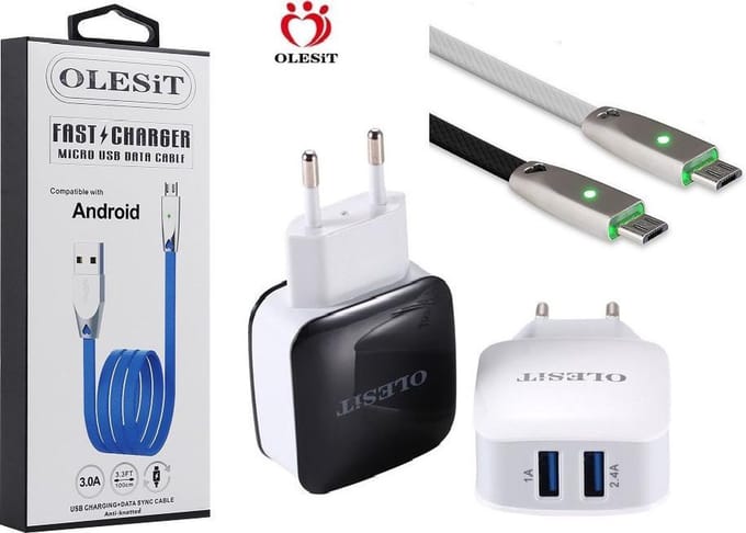 Olesit 2 poorten USB-oplader 3.4A Fast Charge Snellader  +  MICRO USB Kabel 1meter 3.0A - Geschikt voor alle Micro usb modellen