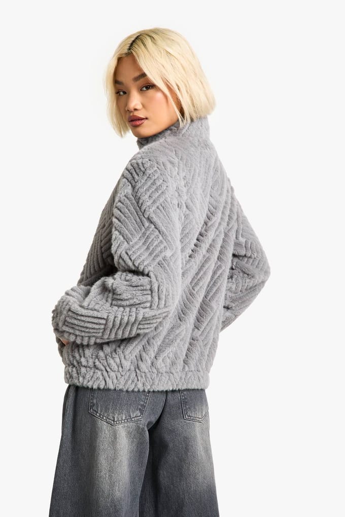 boohoo Dames Textuur Namaakbontjas | Grijs | Maat: 36