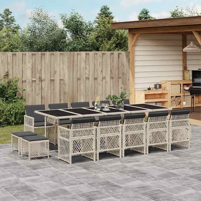 vidaXL - 15-delige - Tuinset - met - kussens - poly - rattan - lichtgrijs