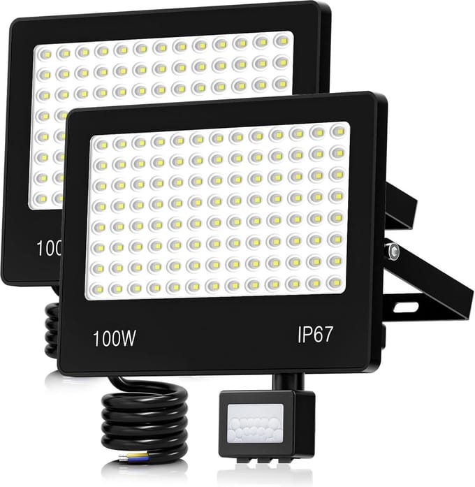Set van 2 Krachtige LED Spots met Bewegingssensor 100W 10000 Lumen Koudwit IP67 Buitenverlichting