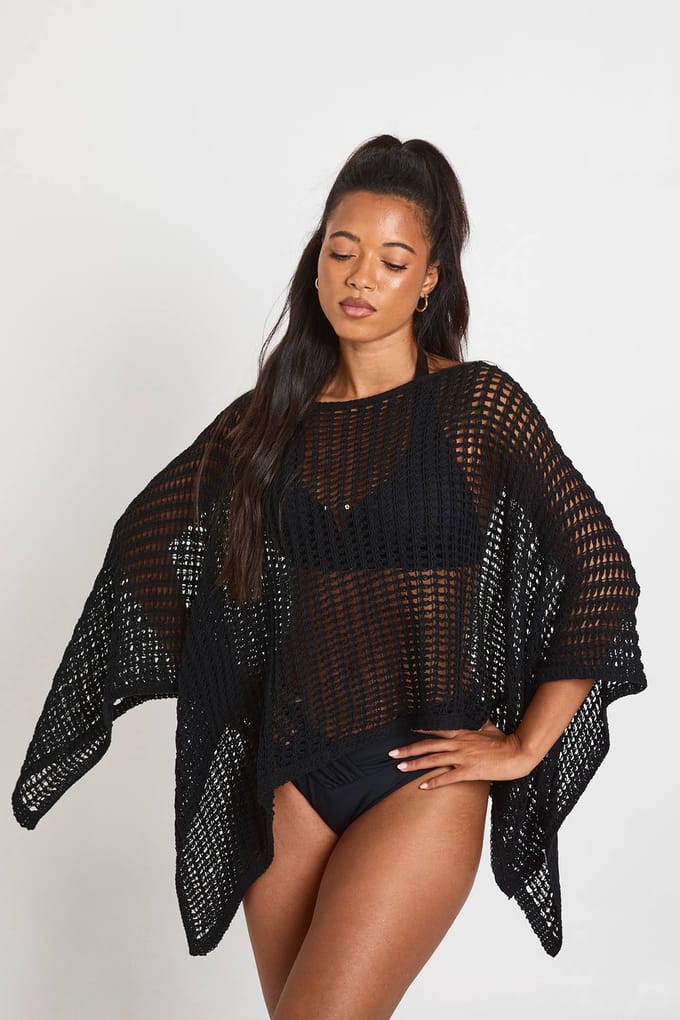 boohoo Dames Open Gebreide Gehaakte Cape | Zwart | Maat: Large