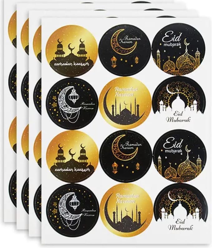 Akyol - Ramadan Stickers - Vel van 12 stuks - Eid Mubarak - Zwart en Goud - diameter 4 cm