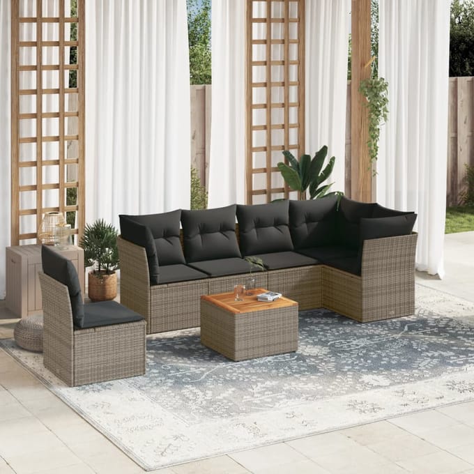 vidaXL - 7-delige - Loungeset - met - kussens - poly - rattan - grijs