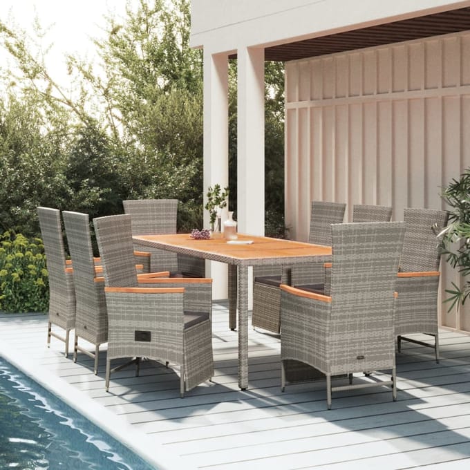 vidaXL - 9-delige - Tuinset - met - kussens - poly - rattan - grijs