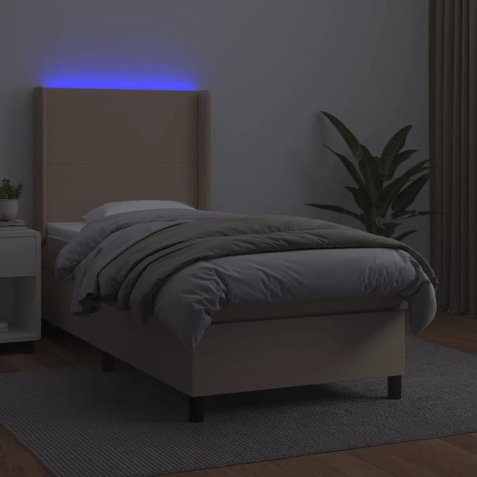 vidaXL - Boxspring - met - matras - en - LED - kunstleer - cappuccinokleur - 90x200 - cm