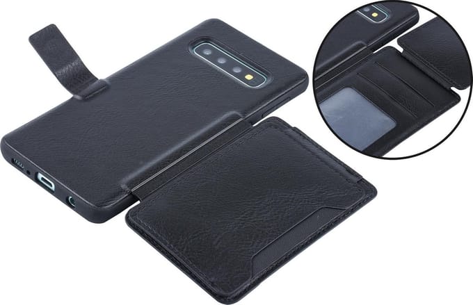 UNIQ Accessory Galaxy S10 Plus Kunstleer Backcover hoesje met clip pasjeshouder - Zwart (S10 Plus)