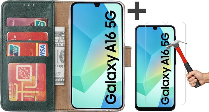 Hoesje met Screenprotector Geschikt voor Samsung Galaxy A16 (5G/4G) – Arara bookcase met pasjeshouder - Groen