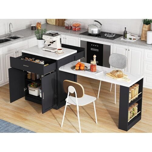 ModernLuxe Keukeneiland - met USB - met 2 deuren en 2 laden - Uitschuifbaar werkblad - Open schappen - Wit+zwart