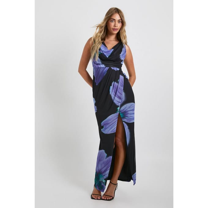 boohoo Dames Mesh Bloemen Wikkel Cowl Maxi Jurk | Black | Maat: 8