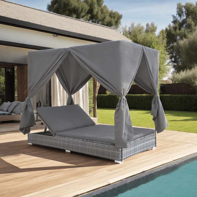 vidaXL - Loungebed - met - gordijnen - poly - rattan - grijs