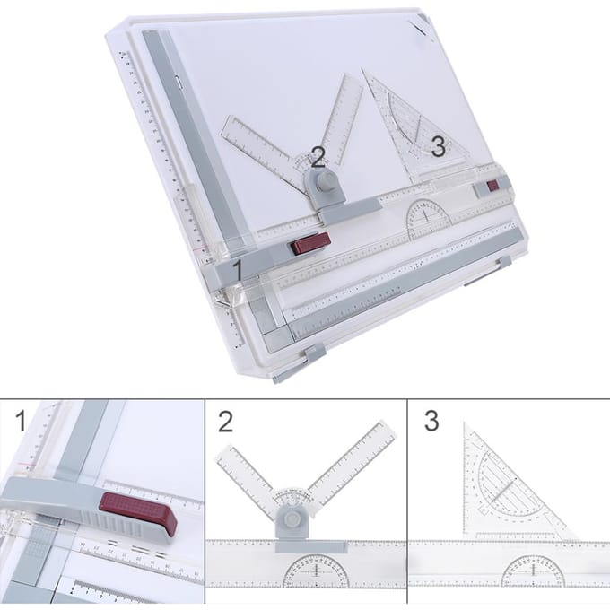 Table à dessin professionnelle A3 avec règle claire, mouvement parallèle et angle réglable white