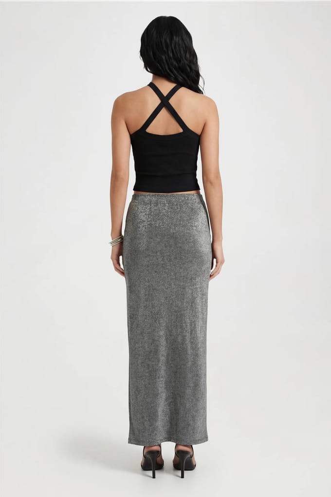 boohoo Dames Metallic Gebreide Maxi Rok | Black | Maat: 8