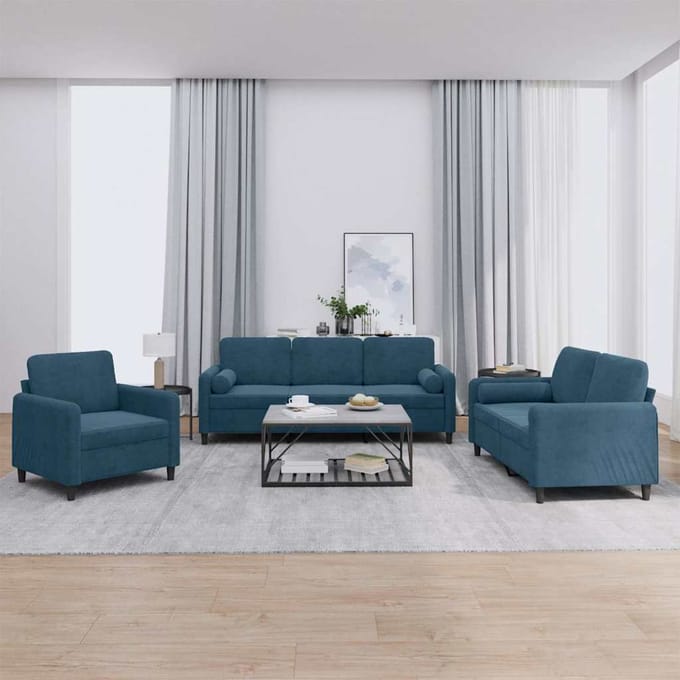 vidaXL - 3-delige - Loungeset - met - kussens - fluweel - blauw