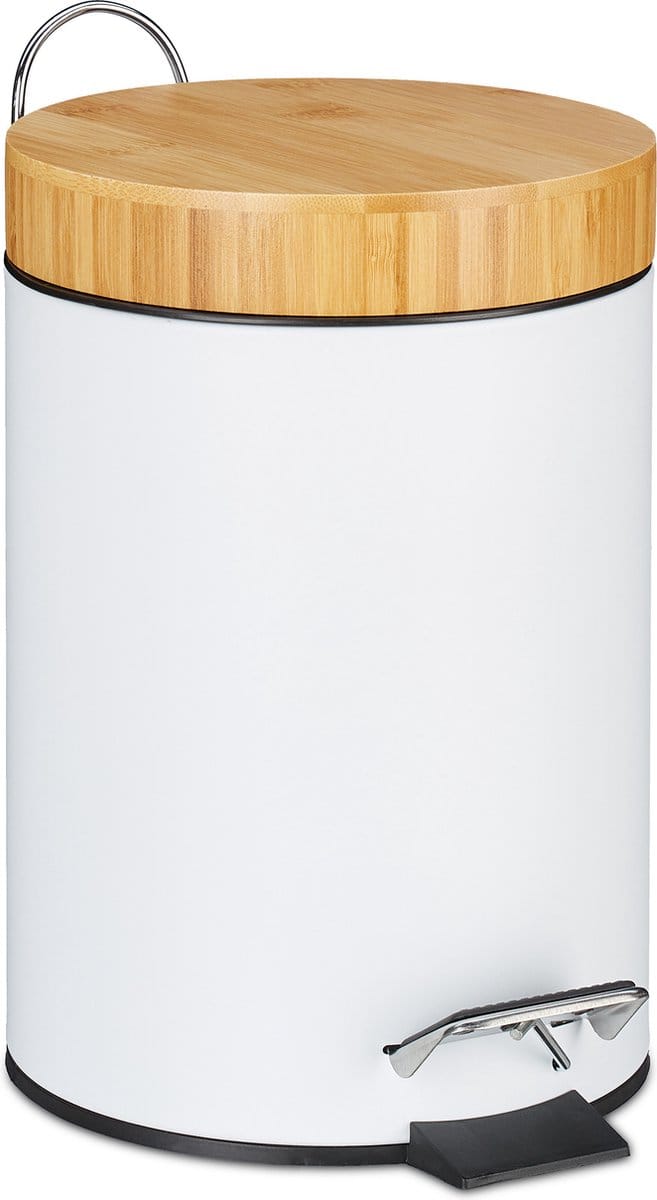 pedaalemmer 3 l - badkamer - softclose - bamboe deksel - uitneembare binnenemmer - wit