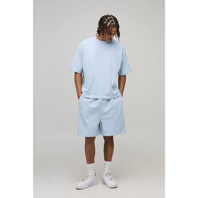 Oversized Boxy T-Shirt & Drop Crotch Shorts Set | Light Blue | Size XS