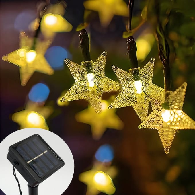 Kerstverlichting op zonne-energie 20 LED-string sterren, ca. 3 meter. warm wit